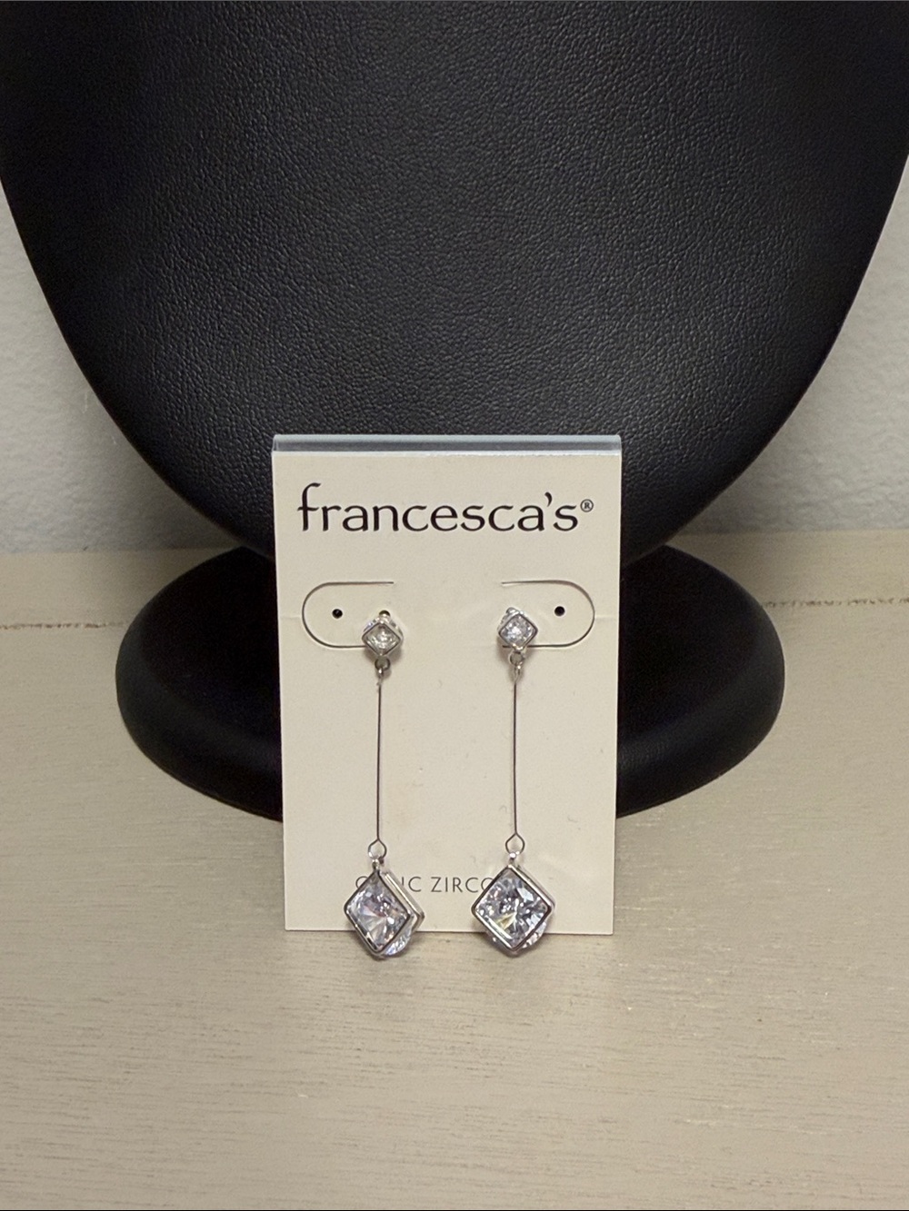 Francesca's Silver Floating Cubic Zirconia Drop Earrings NWT Square Geometric